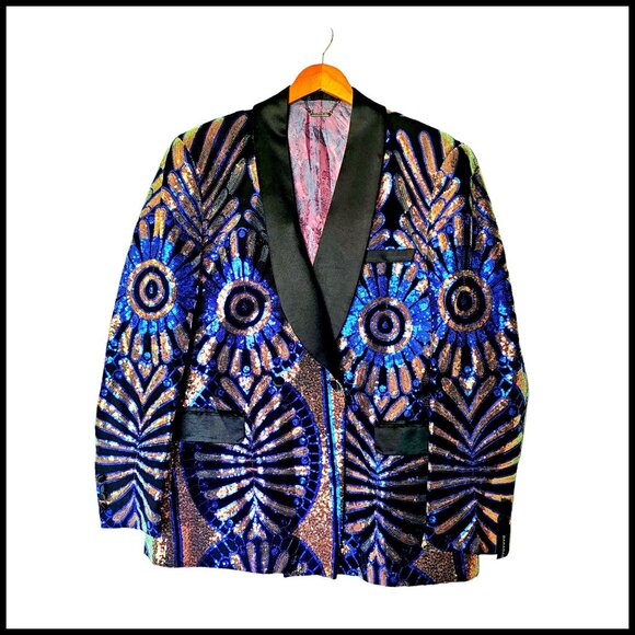 BARABAS Men's Sequin Geometric Pattern Black Blue Blazer 46 2XL New With tags - Picture 2 of 14
